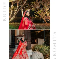A diptych of the bride, Paromita, in her stunning red lehenga, captured at night. The warm lighting and grand venue add to the regal feel of her portraits.