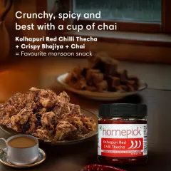 The perfect monsoon snack: crispy bhajiyas, a hot cup of chai, and a dollop of our crunchy, spicy Kolhapuri Red Chilli Thecha. It's a combination that defines rainy day comfort.