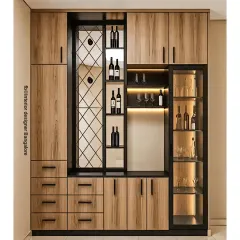This floor-to-ceiling cabinet is a complete storage solution. It combines a crockery unit with glass doors, a built-in bar section with a mirrored back, and a diamond-patterned wine rack for a highly functional design.