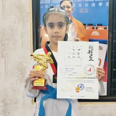We don't just teach Taekwondo; we build champions. We are incredibly proud of our student, Pahal Kedia, recognized as the 'Best Player' at a recent belt promotion exam. Her dedication is an inspiration to our entire team.