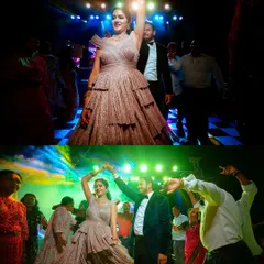 Capturing the life of the party on the dance floor. These shots show the bride and guests enjoying the music under colorful stage lights, showcasing the fun and dynamic atmosphere of the reception.