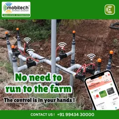 The control is now in your hands. This is what our wireless irrigation system looks like in the field. There is no need to run to the farm to operate valves; you can manage everything from your mobile phone, saving time and effort.