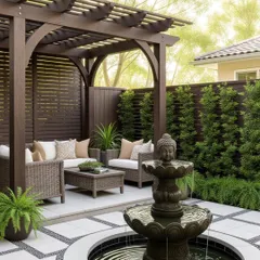 A classic pergola and fountain combination that creates a tranquil backyard oasis. The design features a Buddha-head fountain, comfortable wicker furniture, and lush greenery for a resort-like feel.