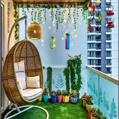 This design brings a vibrant, boho feel to a compact apartment balcony. We used high-quality artificial grass for a maintenance-free lawn, paired with a comfortable wicker swing chair that serves as the main relaxation spot. The look is completed with colorful pots, hanging lanterns, and fairy lights for a magical evening ambiance.