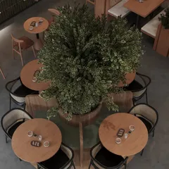 This top-down view showcases our approach to space planning and creating a functional customer flow. We designed distinct seating zones around the central tree, including intimate tables for two and larger arrangements, ensuring the layout is both visually interesting and practical for a busy cafe.