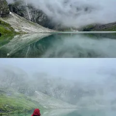 The tranquil and divine Hemkund Sahib lake. Situated at 14,200 feet, the cold, clear water and the surrounding misty peaks create a truly magical and spiritual atmosphere.