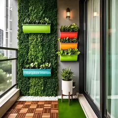 This balcony design uses a vertical green wall and colorful planters to add life and color. The interlocking deck tiles are a practical and stylish flooring solution for outdoor spaces.