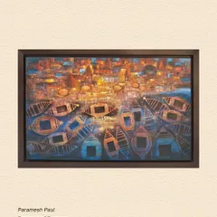 'Essence of Banaras' by Paramesh Paul, an atmospheric painting where boats gather on the Ganges against the backdrop of the ancient city.