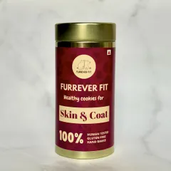 A close-up of the Skin & Coat healthy cookies packaging. The rich color comes from natural ingredients, not artificial dyes. These are hand-baked and gluten-free.