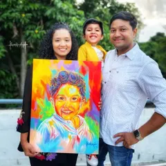 A happy family with their new custom portrait. I used my colorful style to create this bright and cheerful painting of their son.