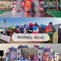This collage highlights some of my favorite birthday decor setups, including a racing theme, a superhero theme, and a grand princess castle theme.