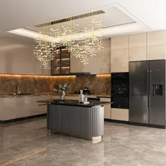 I believe a kitchen should be both a functional workspace and a stunning centerpiece. This design features sleek, handleless cabinetry, a beautiful marble backsplash, and a dramatic island, all crowned by a breathtaking crystal chandelier that makes every meal feel like a special occasion.