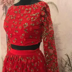 A close-up of the blouse from our red net lehenga, showing the delicate floral embroidery that covers the full sleeves and bodice.