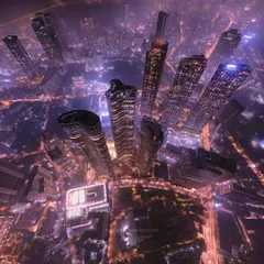 An incredible 360-degree aerial panorama of the city at night. The purple and orange lights create a cyberpunk aesthetic, showcasing the megastructure of Mumbai in a surreal way.