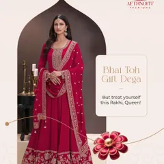 Bhai toh gift dega, but why wait? This Rakhi, treat yourself like the queen you are with this stunning red Anarkali, perfect for the festive celebrations.