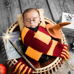 For the little wizard who cast a spell on your heart. This Harry Potter themed newborn shoot shows how we can bring any magical idea to life, creating a truly unique and enchanting portrait of your sleeping baby.