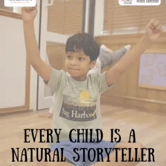 Every child is a natural storyteller. This young boy, arms raised in triumph, embodies the confidence we nurture in our workshops.