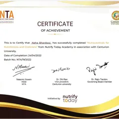 I believe in continuous learning to provide the best care for my clients. This certificate in Nutraceuticals for Nutritionists and Dieticians from Nutify Today Academy keeps me updated on the latest in nutritional science.