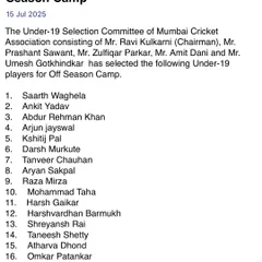 Here is the official selection list from the Mumbai Cricket Association. Seeing our player Shivansh Singh's name on the U19 list is a proud moment for the entire academy.