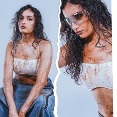 This composite image uses a torn-paper effect to present two moments from a conceptual shoot. It's an effective way to show different angles and moods within a single, art-focused editorial piece.
