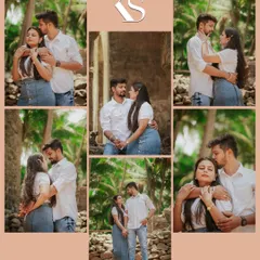 This collage showcases a couple's pre-wedding shoot in a rustic, natural setting with old stone walls and palm trees. It's a perfect example of how we can find beautiful backdrops away from the city.