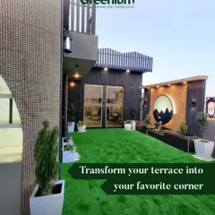 We converted this urban terrace into a modern, chic corner for relaxation. This project features our premium artificial grass, sleek planters, and a custom-designed backdrop, proving that a green, stylish oasis is possible anywhere.