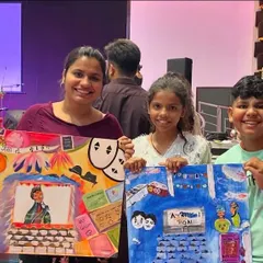 Posing with two young artists and the canvases we painted live during the 'Atrangi Bol' event. Their energy and creativity were a huge part of the process. It was a joy to collaborate with them and see their interpretation of the event come to life.