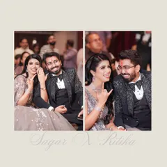 Another shot of the smiling couple. The groom's textured tuxedo jacket adds a layer of sophistication and personal style to his formal engagement attire.
