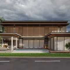 This modern villa design emphasizes horizontal lines and a seamless indoor-outdoor flow. The ground floor opens directly to a private pool deck, while the upper level features extensive use of wooden louvers for privacy and sun shading, creating a tranquil resort-like atmosphere.