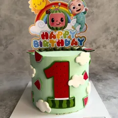 Perfect for a first birthday, this Cocomelon cake is bright, cheerful, and full of fun details. It features the iconic watermelon, rainbow, and characters that every toddler loves.