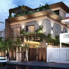 'Abhivyakti', our upcoming residential project in Lucknow, is an expression of our design philosophy. The facade uses natural stone, extensive greenery cascading over the walls, and warm lighting to create an inviting and organic modern home.