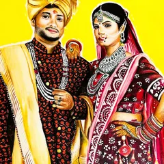 The full, completed wedding portrait. The bright yellow background makes the couple the center of attention, celebrating their big day.
