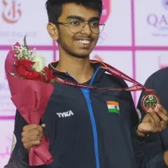 This is the moment of victory. Our shooter, Srijay T R, after winning a silver medal at the 14th Asian Shooting Championships. We train athletes for success on the international stage.