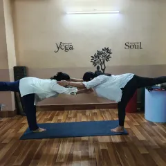 Finding equilibrium together in a partner Virabhadrasana III (Warrior III). This pose requires immense focus, strength, and trust as both partners act as a counterbalance for each other.