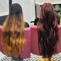 A dramatic before and after, correcting a faded, brassy color to this stunning, deep red-brown blend.