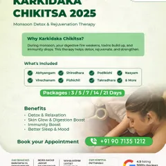Prepare your body for the monsoon with our Karkidaka Chikitsa program. This poster details our monsoon detox and rejuvenation therapy, which includes treatments like Abhyangam and Shirodhara. Available in flexible 3 to 21-day packages, it’s designed to boost immunity, improve digestion, and enhance overall well-being during the rainy season.