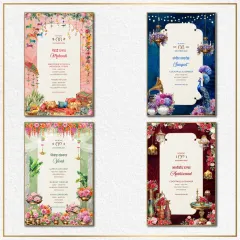 This decor-inspired invitation suite features four distinct cards for different wedding events. Each card has its own color scheme and illustrative style, from a colorful Mehendi to a royal blue Sangeet with peacock motifs.