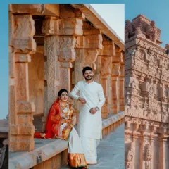 A couple in traditional South Indian wedding attire poses against the intricate stonework of a temple. This composition blends their portrait with the grandeur of the heritage site.