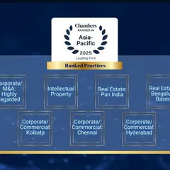 Our firm's diverse expertise is recognized by Chambers and Partners, as shown in this graphic of our ranked practices. We are highly regarded for Corporate/M&A and have established leading practices in Intellectual Property, Real Estate, and Corporate/Commercial law across our Kolkata, Chennai, and Hyderabad offices.