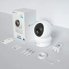 This is an example of a popular indoor camera, the EZVIZ C6N. It offers features like pan and tilt, smart tracking, and two-way audio, making it a great choice for home security or monitoring a small office.