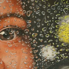 A macro view of the eye in the 'Dewdrops' portrait. The challenge here is to paint the illusion of a wet surface over the detailed portrait, making the eye appear both clear and partially obscured.