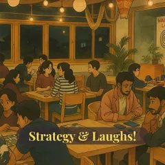 A Ghibli-style illustration of our cafe buzzing with people engrossed in board games. It reflects the strategic and social atmosphere of our game nights.