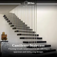 A cantilever staircase, where floating treads appear suspended in air. This design is perfect for creating a sense of spaciousness and making a minimalist, yet dramatic, architectural statement.