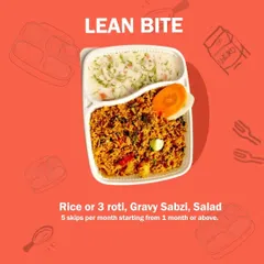 For those looking for a lighter option, our Lean Bite plan is perfect. It comes with Rice or 3 Rotis, a Gravy Sabzi, and Salad, giving you a nutritious meal that isn't too heavy.