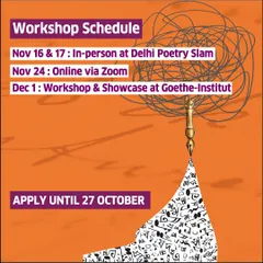A detailed schedule for the 'Verse & Voice' program, outlining the mix of in-person sessions at our studio, online classes via Zoom, and the final showcase at the prestigious Goethe-Institut.