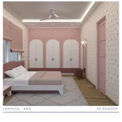This 3D render shows another view of the pink-themed kid's bedroom, focusing on the arched wardrobe design and color palette. We use these detailed renders to perfect every element, from hardware to lighting placement.