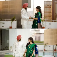 A collage of the couple walking hand-in-hand by the pool. The mix of the groom's Punjabi sherwani and the bride's Maharashtrian saree is a visual delight.