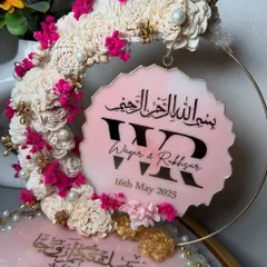 Another angle of the hanging monogram piece, showing how it complements the main platter. The combination of pink, white, and gold is so romantic.