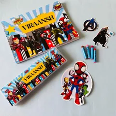 Get your little champs excited for school with this personalised Avengers stationery set. It includes a custom notebook, pencil box, crayons, and fun character cutouts.