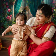 A candid and loving moment between mother and child. The baby, dressed as Krishna, smiles brightly, creating a heartwarming and authentic festival portrait.